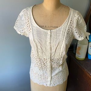 American Eagle Cream Lace Eyelet Top Button Down